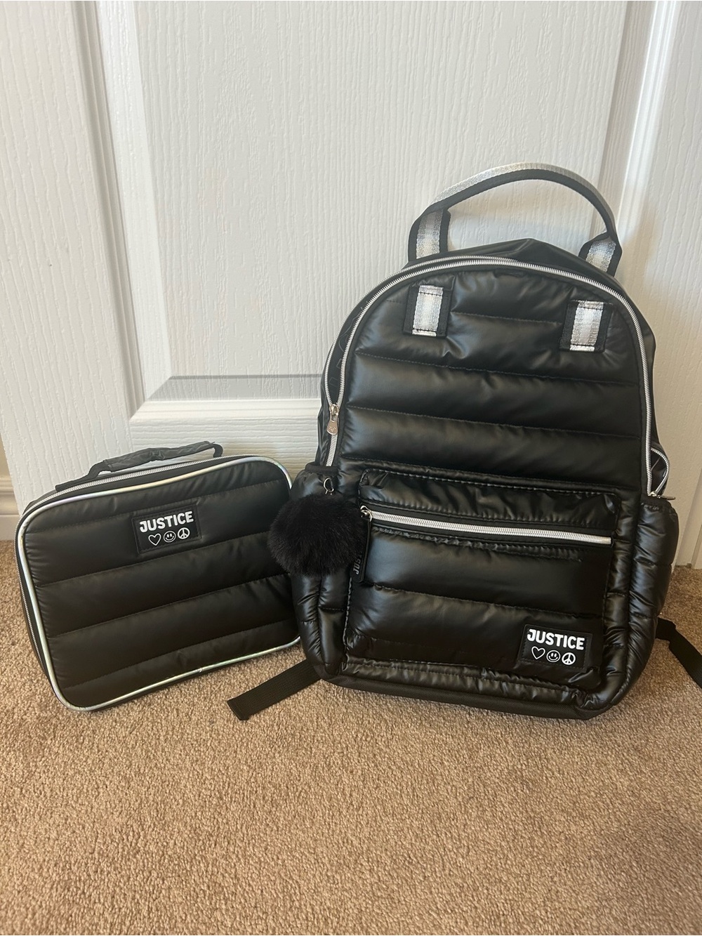 Justice Black Quilted Backpack and Matching Lunch Bag Set